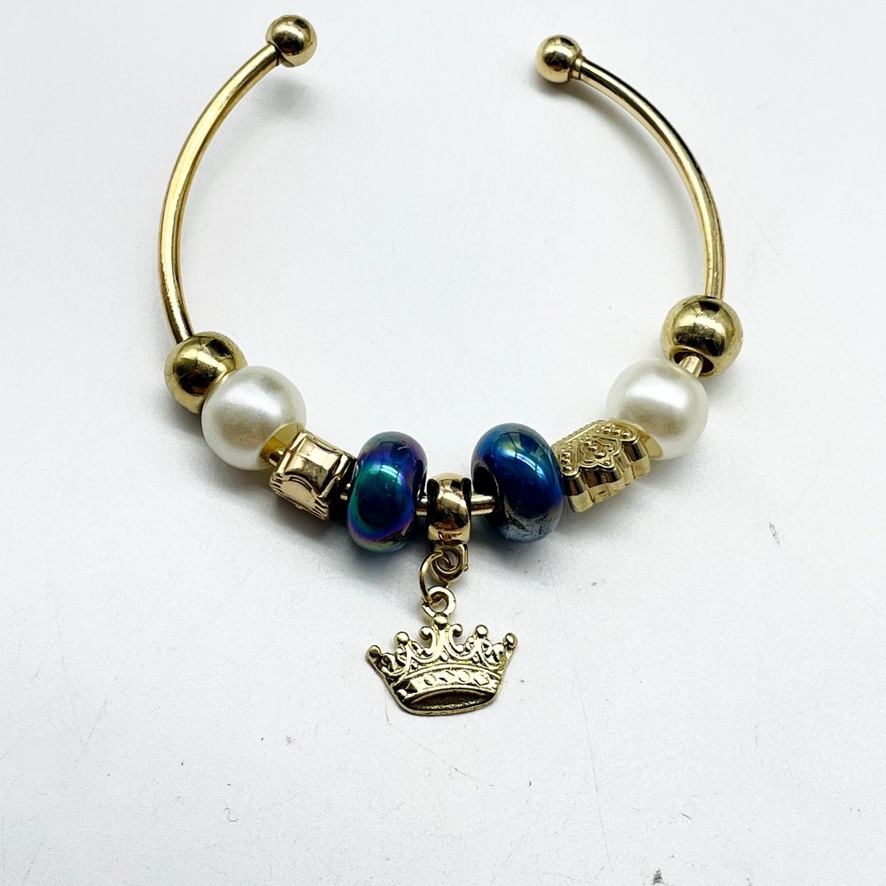 D'Bello Gold Tone Cuff Bracelet Blue Crystal Beads Crown Charm Adjustable NWT